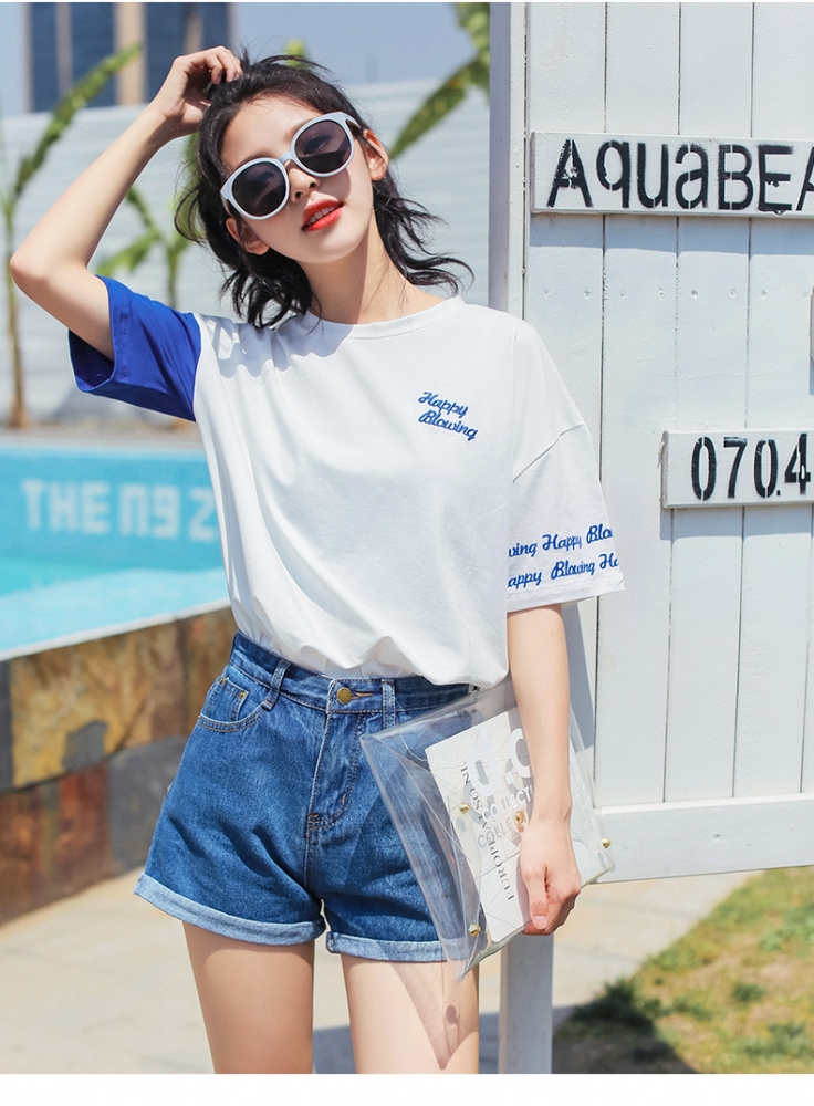 2018夏季新款韩版白色拼接短袖T恤女宽松百搭甜美学生上衣打底衫